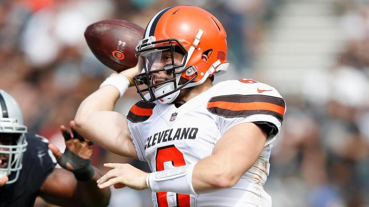 Cleveland Browns quarterback Baker Mayfield throws a pass during a 45-42 loss to the Oakland Raiders. Mayfield, NFL Network analyst David Carr said, has the most upside of the rookie quarterbacks in the 2018 draft class.