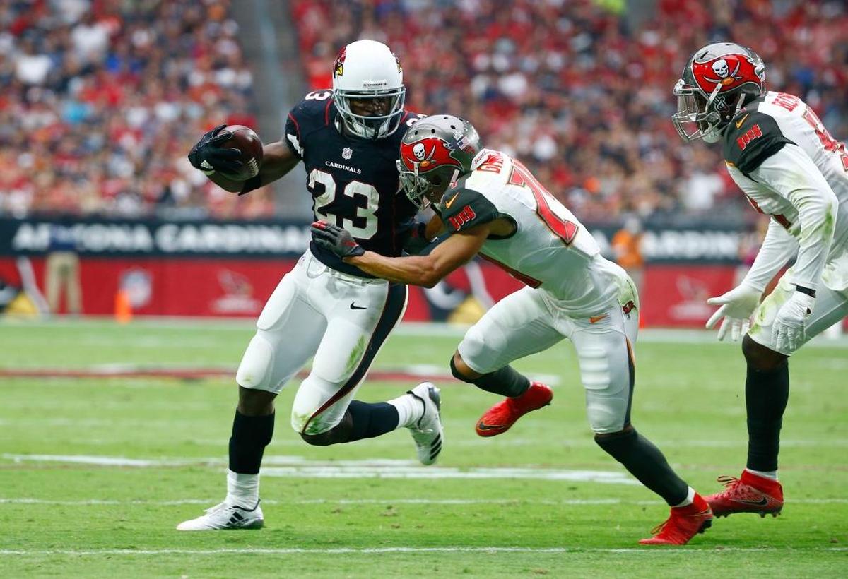 Arizona Cardinals running back Adrian Peterson fends off Tampa Bay Buccaneers defender Brent Grimes as the Buccaneers’ Kendall Beckwith gives chase during the second half of Sunday’s game. Peterson rushed for 134 yards and two touchdowns on 26 plays in his Arizona debut as the Cardinals defeated the Buccaneers 38-33.