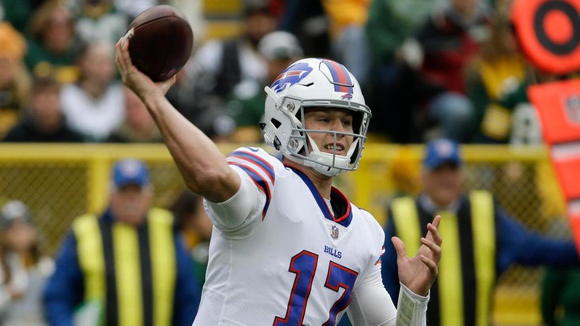 Buffalo Bills quarterback Josh Allen throws a pass during the first half of a 22-0 loss to the Green Bay Packers. Allen, from Firebaugh, completed 16 of 33 passes for 151 yards with two interceptions.