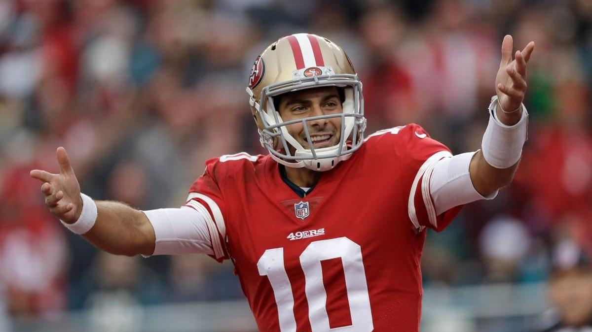 San Francisco 49ers quarterback Jimmy Garoppolo (10) celebrates during the second half of a 44-33 victory over the Jacksonville Jaguars in Santa Clara, Sunday, Dec. 24, 2017. Garoppolo has won all four of his starts for the 49ers, changing the dynamic for a team that started the season 0-9.