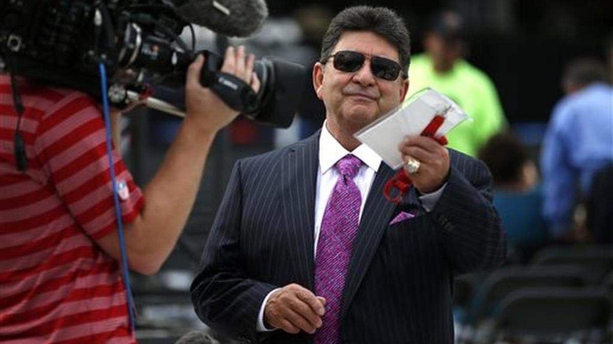FILE - In this Aug. 8, 2015 file photo, former owner of the San Francisco 49ers Edward DeBartolo Jr. is interviewed in Canton, Ohio. DeBartolo played no favorites. When it came to the way he treated his employees, from the biggest stars on the field to the office workers way behind the scenes, his care was real. It still is. "Mr. D" always did business his way, and that meant never separating himself from anyone tasked with keeping his successful franchise running and winning each day, and on Saturday he could become a Hall of Famer at long last.