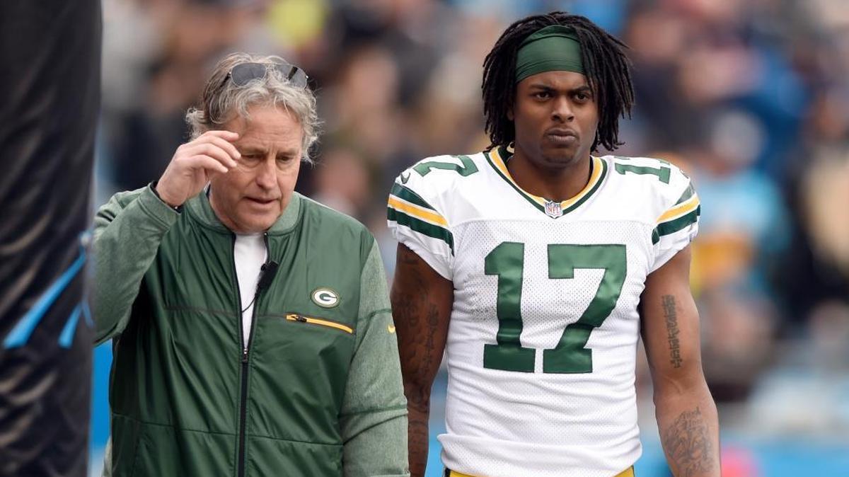 Green Bay Packers receiver Davante Adams leaves the field after suffering a concussion during Sunday’s game at Carolina. It was the second time this season the former Fresno State star suffered a concussion on an illegal hit.
