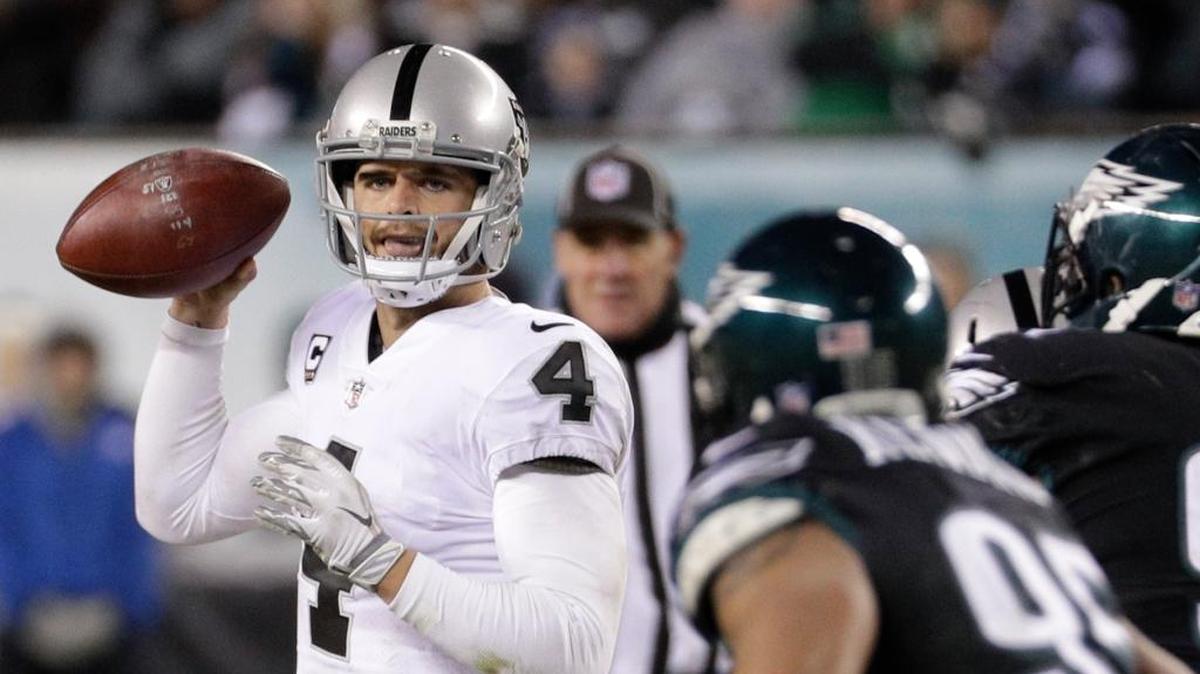 Oakland Raiders quarterback Derek Carr, in action against Philadelphia, had a so-so 2017 season: 3,496 yards, 22 touchdowns, 13 interceptions.