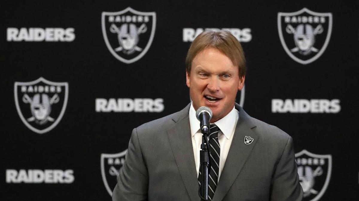 Oakland Raiders head coach Jon Gruden answers questions during an NFL football news conference in Alameda. Tuesday, Jan. 9, 2018. David Carr says his younger brother, quarterback Derek Carr, and Gruden are a perfect match.
