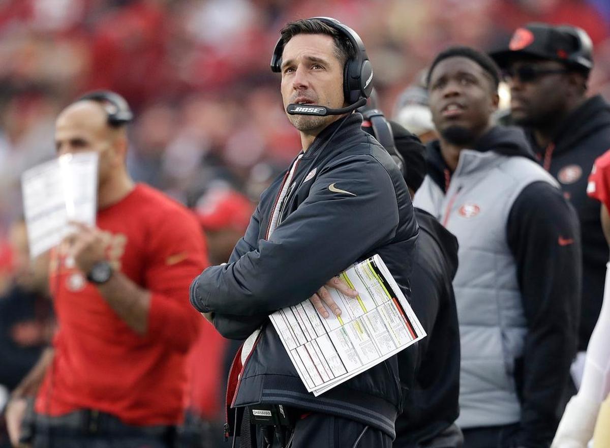 San Francisco 49ers coach Kyle Shanahan works the sideline during a 44-33 victory over the Jacksonville Jaguars in Santa Clara, Sunday, Dec. 24, 2017. The victory was the fourth in a row for the 49ers with Jimmy Garoppolo starting at quarterback.
