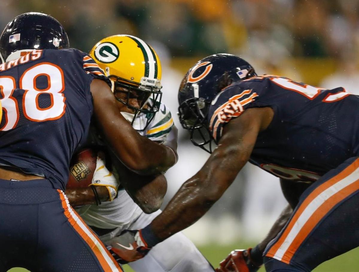 Green Bay Packers receiver Davante Adams is hit by Chicago Bears defenders Adrian Amos and Danny Trevathan during the second half of the Sept. 28 game in Green Bay, Wis. Adams was taken from the field on a stretcher and hospitalized after the helmet-to-helmet hit, but could be cleared to play on Sunday, Oct. 8, 2017, when the Packers play at Dallas.