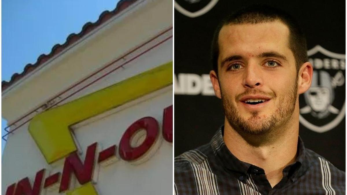 A Fresno In-N-Out employee is to see Oakland Raiders quarterback Derek Carr in the drive-thru on Friday, Feb. 16, 2018.