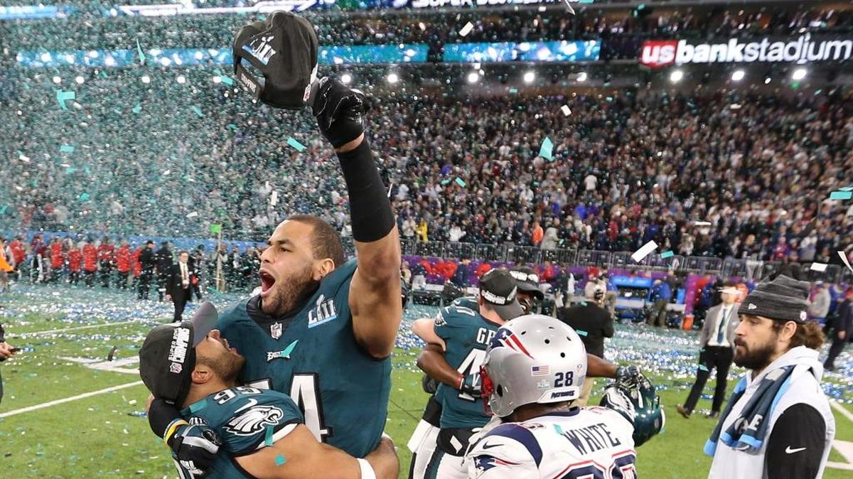 Philadelphia Eagles linebacker Mychal Kendricks, left, and Eagles linebacker Kamu Grugier-Hill celebrate after Super Bowl LII on Sunday, Feb. 4, 2018 at U.S. Bank Stadium in Minneapolis, Minn. The Eagles beat the New England Patriots, 41-33.