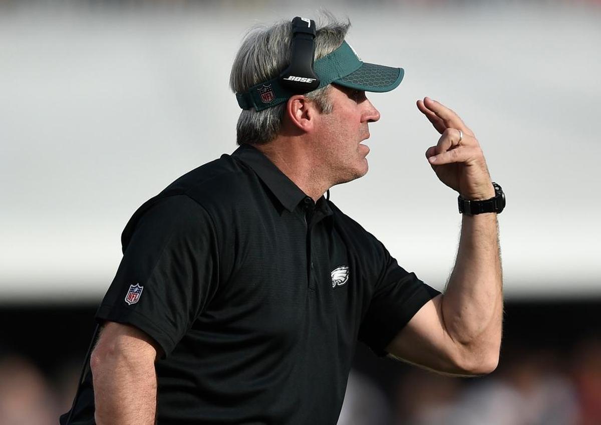 Philadelphia Eagles coach Doug Pederson yells to his team during the first half of a 43-35 victory over the Los Angeles Rams on Sunday, Dec. 10, 2017, in Los Angeles. Pederson and the Eagles lost starting quarterback Carson Wentz with a knee injury in the third quarter.