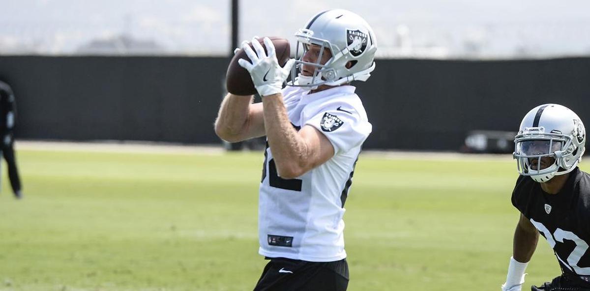 Oakland Raiders wide receiver Jordy Nelson makes a catch during organized team activity in Alameda, CA.