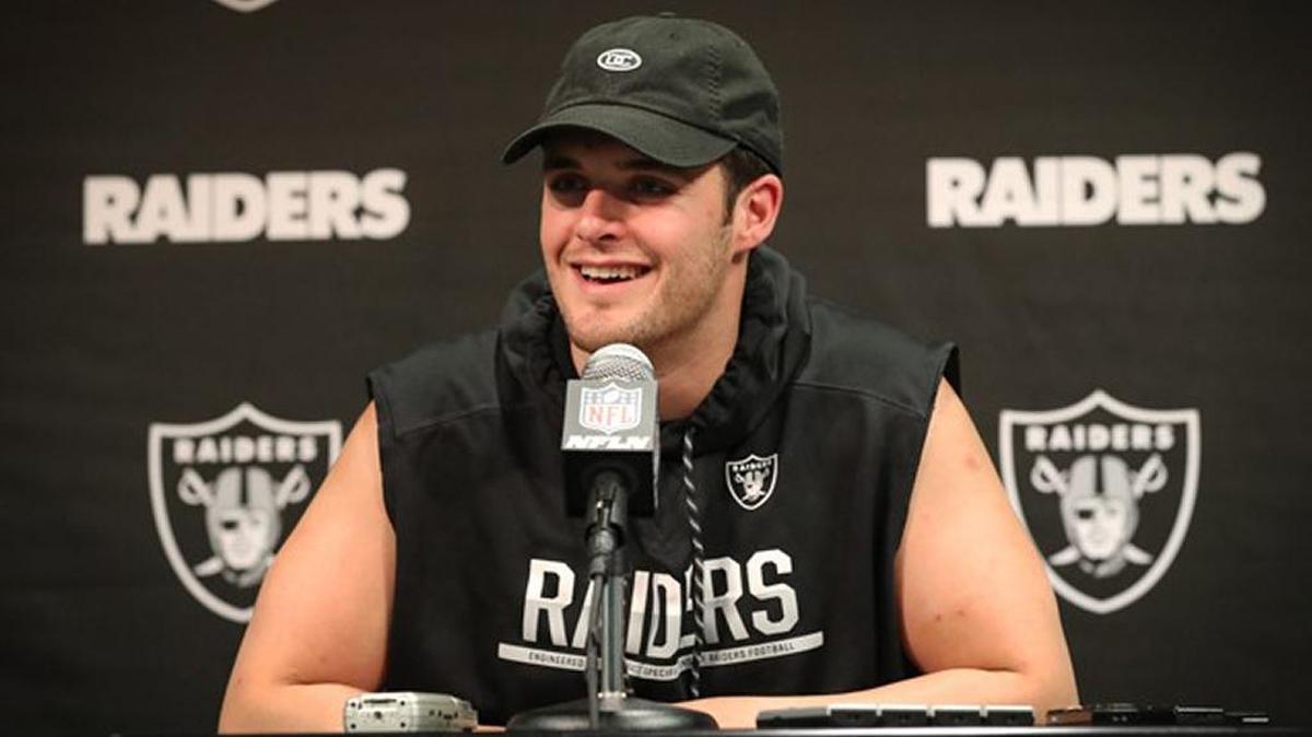 Oakland Raiders quarterback Derek Carr talks to the media Monday on the first day of offseason workouts.
