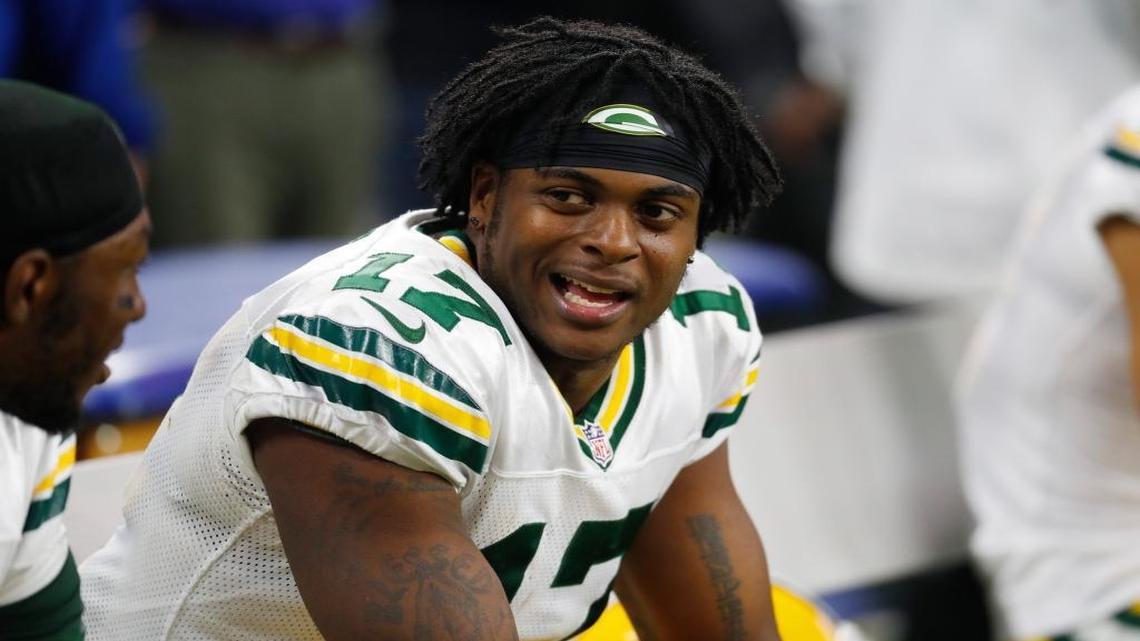 Green Bay Packers wide receiver Davante Adams is seen on the bench during the second half of an NFL football game against the Detroit Lions, Sunday, Jan. 1, 2017, in Detroit. The ex-Fresno State star proposed to his girlfriend in the Bahamas. Devanne Villarreal happily said yes.