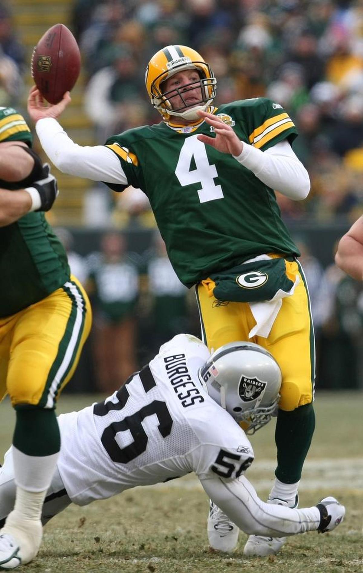 Brett Favre passes for Green Bay against the Raiders in a 2007 game.