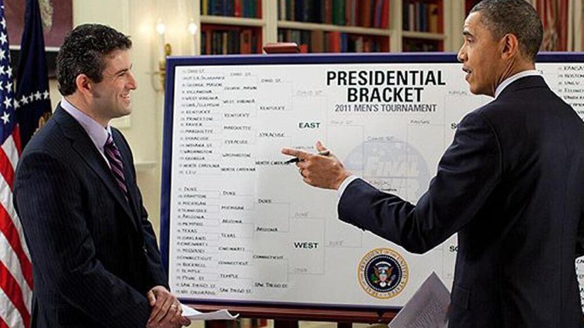 ESPN’s Andy Katz and President Barack Obama chat as the president fills out his 2011 NCAA men’s basketball tournament bracket at the White House. Katz, a former Fresno Bee reporter, was let go by ESPN on Thursday, April 27, 2017.
