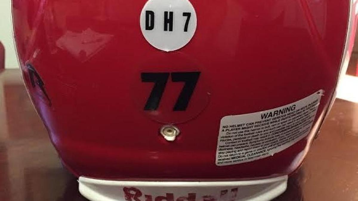 
A “D H 7” sticker as seen on a Fresno City College helmet in remembrance of Deondre Howard. Howard, who played football and baseball last season for the Rams, was shot and killed last month.
