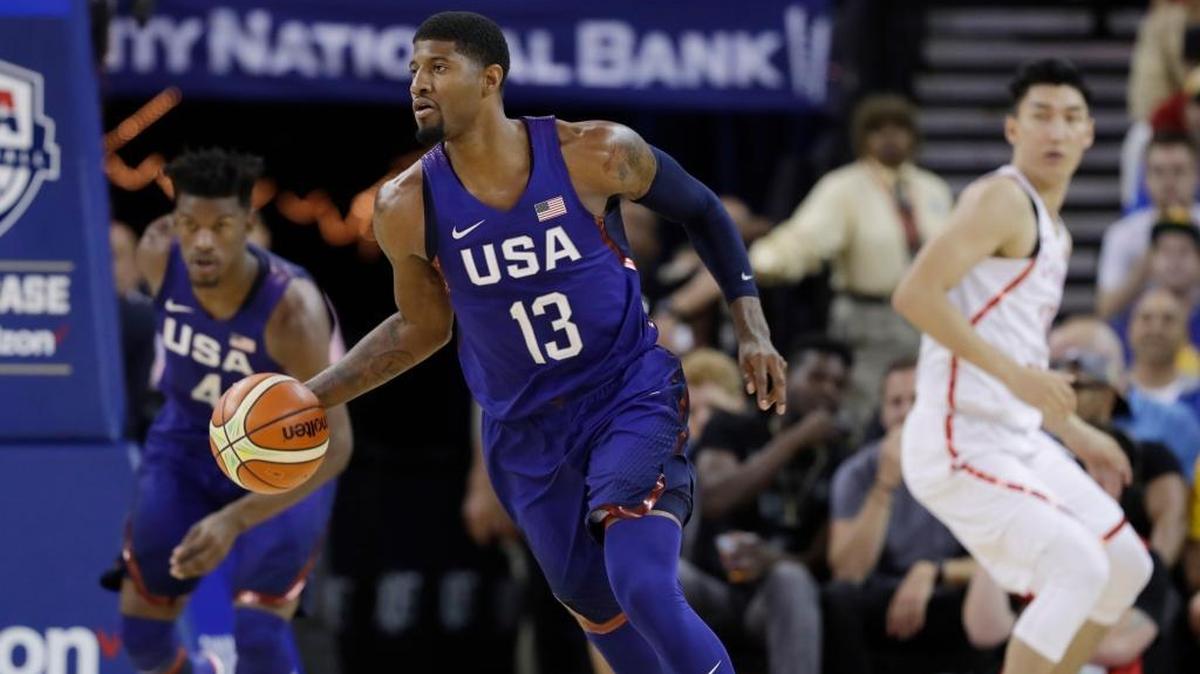 Paul George of the United States dribbles down the court against China during an exhibition Tuesday, July 26, 2016, in Oakland, Calif. The former Fresno State star is making his Olympics debut in Rio.