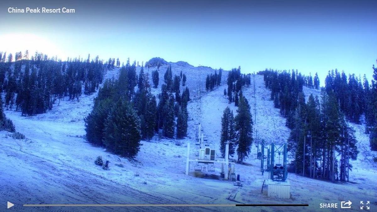 China Peak Ski Resort received its first snow of the season early Thursday as seen in this 7:45 a.m. screenshot from its resort webcam. The last day to purchase season passes at a lowered rate for China Peak is Saturday, Oct. 31.