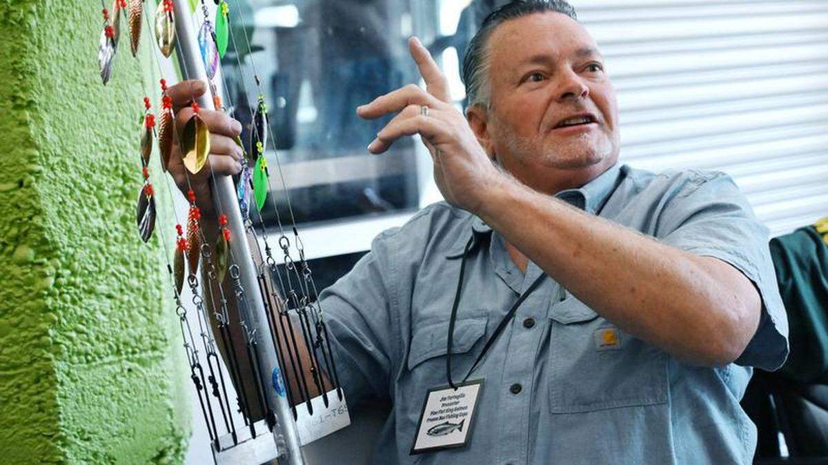 Jim Tartaglia explains his tackle at the Fresno Bee’s Fishing Expo Saturday, Nov. 9, 2024 in downtown Fresno.