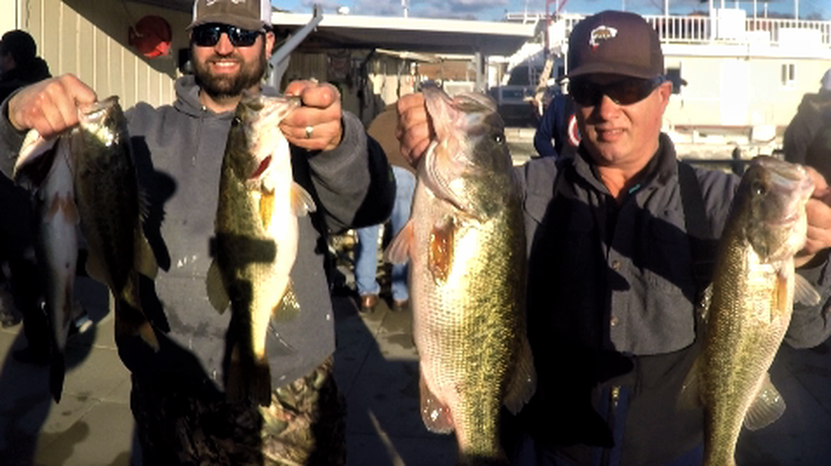 Dan Sexton and Nate Couchman show off their winning stringer from the Jan. 11 Christian Bass League tournament at Lake Don Pedro.