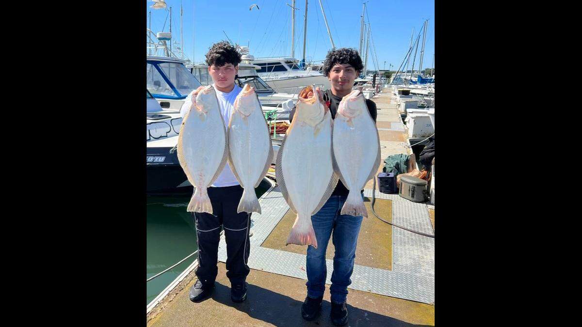 Twins Jonathan and Giovanni Hurley with San Francisco Bay halibut limits with Captain Steve Mitchell of Hook’d Up Sport Fishing.