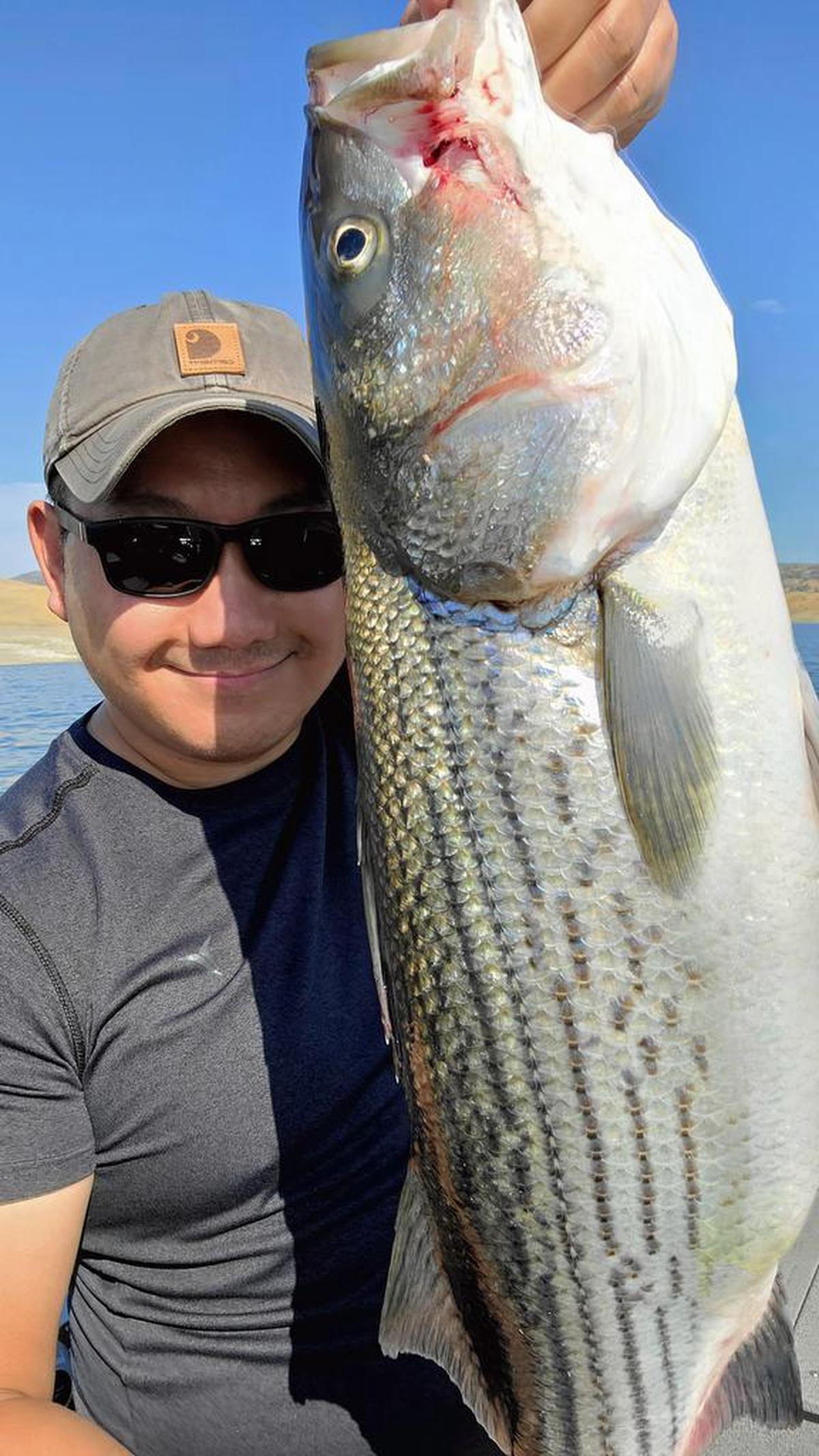 Jerry Xiong shows off his 32-inch striper caught trolling near Lone Oak Bay in San Luis Reservoir