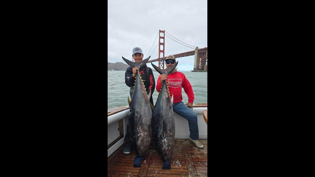 Justin Lee Jr. and Justin Lee Sr. with a pair of bluefin tuna at 130 and 100 pounds on the Codfather out of Alameda on Nomad’s Mad Mac’s landed south of the Half Moon Bay Weather Buoy.