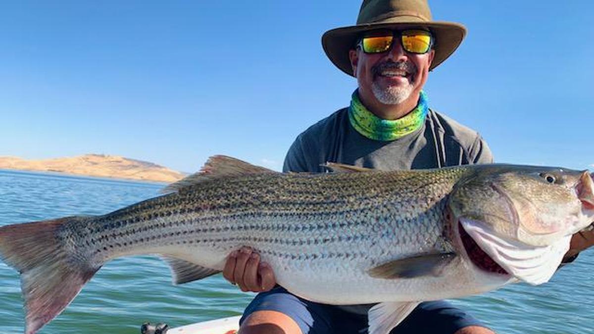 Mike Piazza of Fresno shows off his personal-best 44-inch, 32-pound striper caught with guide Roger George last weekend at San Luis Reservoir. George says the fish was released. It’s the third 32-pound-plus striper caught at San Luis this year.