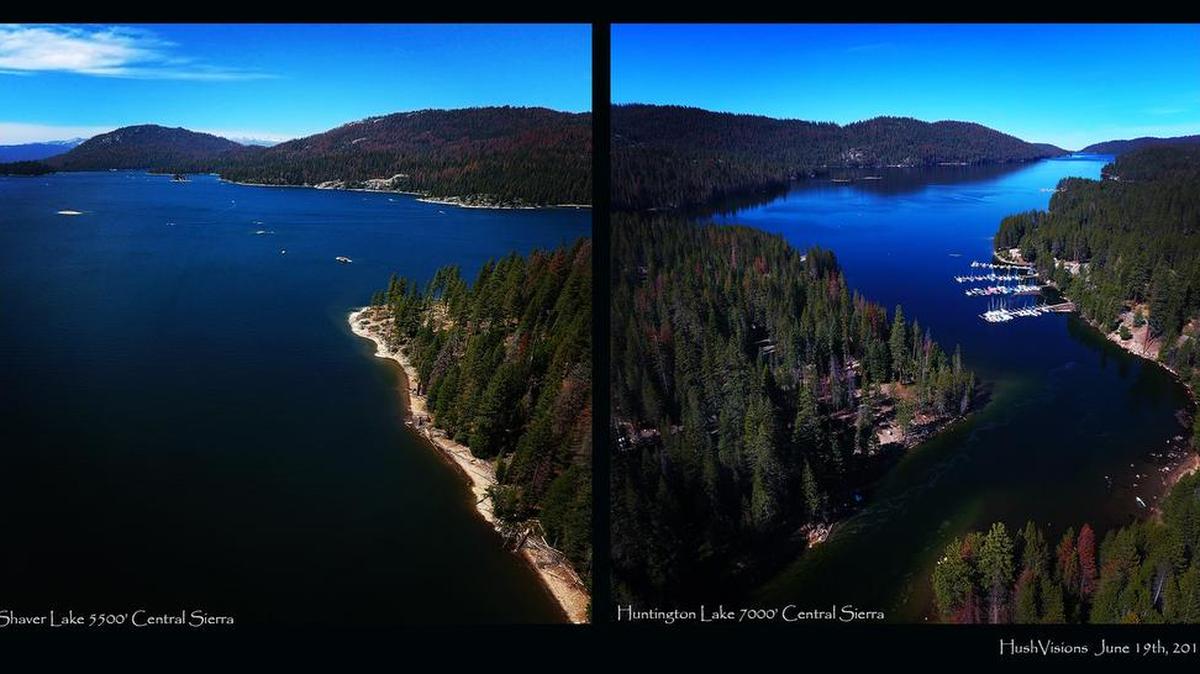 Shaver, left, and Huntington lakes – photographed via drone on Sunday, June 19, 2016 – are at near-capacity heading into some big recreational weekends. The Climb to Kaiser is Saturday, June 25; the mountain bike park at China Peak opens Saturday, July 2; and the High Sierra Regatta, back after a two-year hiatus caused by the drought, is set for July 9-10 and July 16-17.