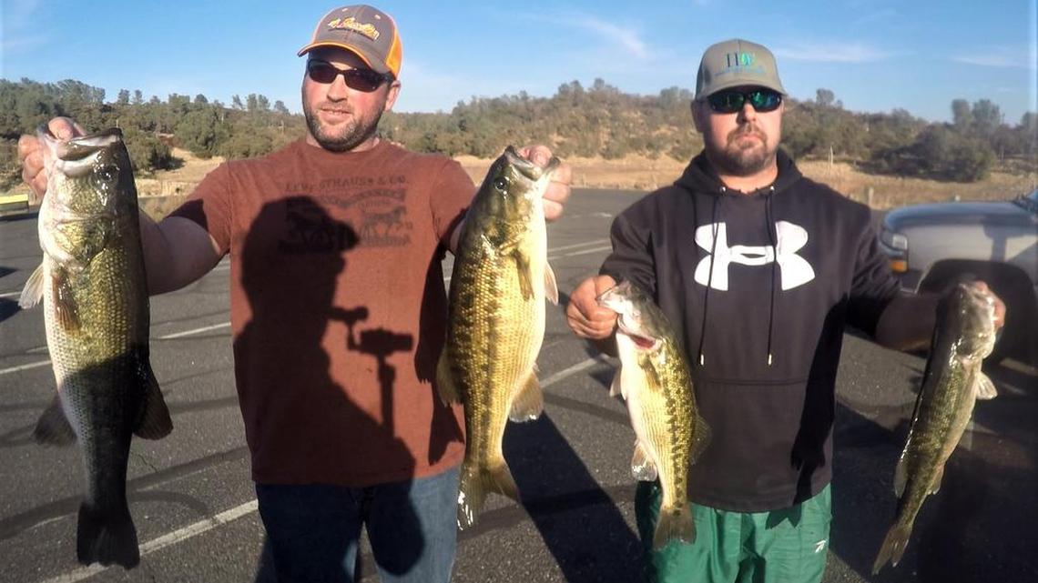 Eric Habit and Nick Barse show off their 14.98-pound winning catch in the Christian Bass League tournament Nov. 16 at New Melones.