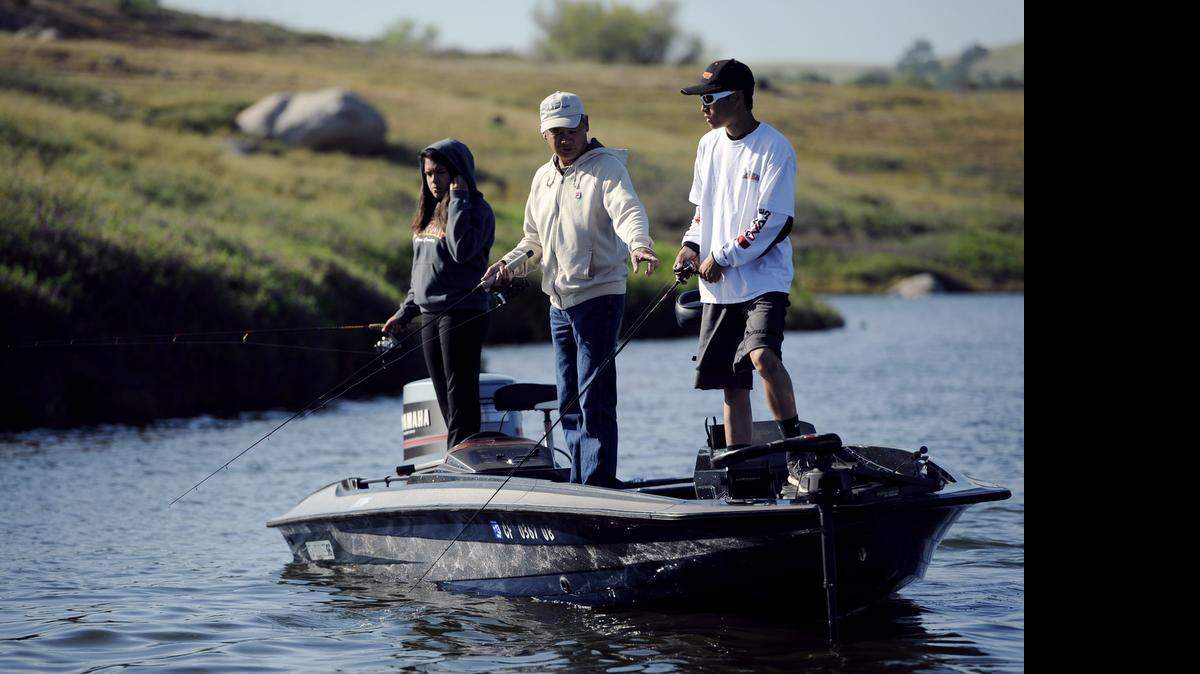 
Anglers compete in the Roosevelt High Bass Fishing Club’s 2013 April Extravaganza bass fishing tournament at Eastman Lake.
