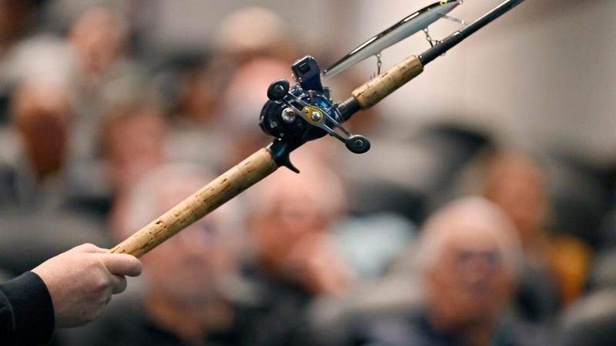 Fishing tackle is displayed to the audience during the Fresno Bee first Fishing Expo at South Stadium, 700 Van Ness Avenue, on Saturday, Nov. 9, 2024 in downtown Fresno. Tales, tips and advice were featured by local fishing experts Byron Stickler, Dick Nichols, Jim Tartaglia, Brian Klassen and Roger George at the free expo. Doors opened at 9 a.m. and the expo concluded at 3:30 p.m.