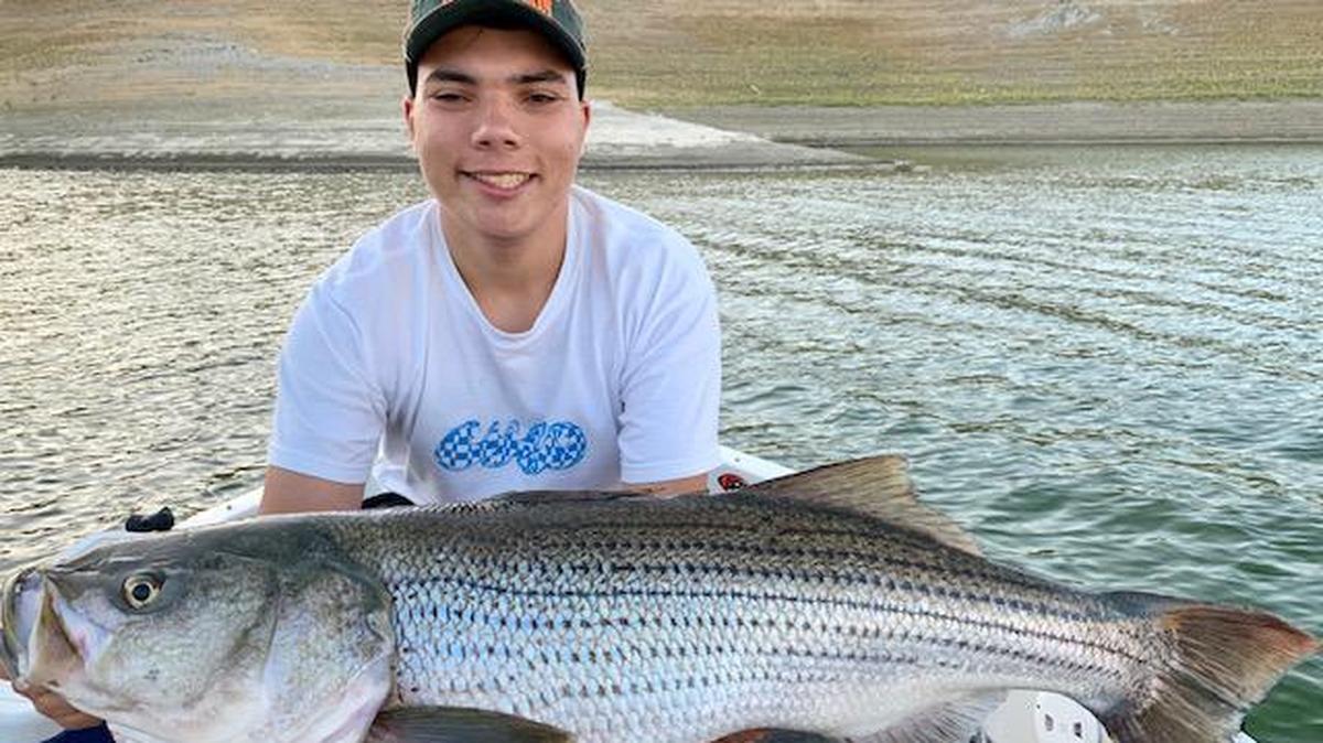 Hunter Turner shows off his personal-best 30-pound striper caught July 31 at San Luis Reservoir – nearly identical to the one his father caught July 28.