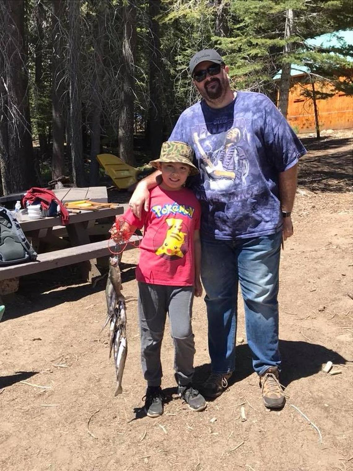 Dimitri Glessner, 10, stands with proud father Joe Glessner of Fresno after Dimitri caught his trout limit on his birthday Wednesday, June 20, at Huntington Lake. Dimitri’s mother, Denise, notes: “His dad caught one, son caught five.”