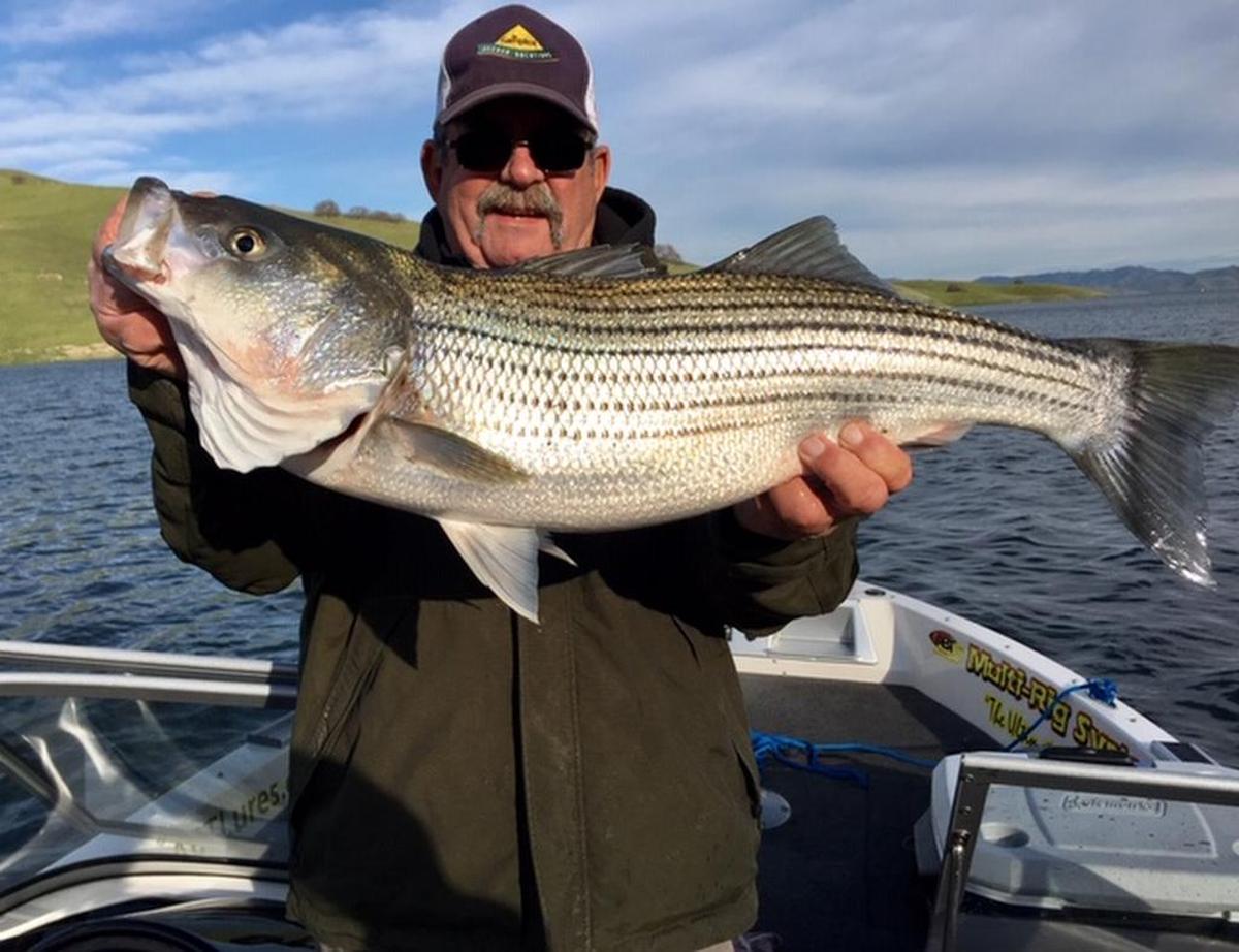 Mark Hoatson of Merced, a guest of Roger George’s Guide Service at San Luis Reservoir on Feb. 20, shows off his personal-best striper.