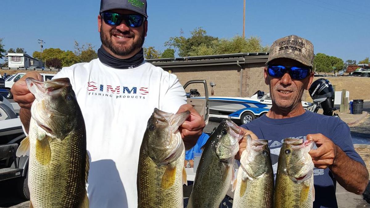 Joantahan Whitesitt and Chuck Fuller show off their winning 19.40-pound catch (including the 6.10-pound big fish) at the Christian Bass League tournament Oct. 12 at Lake Tulloch.