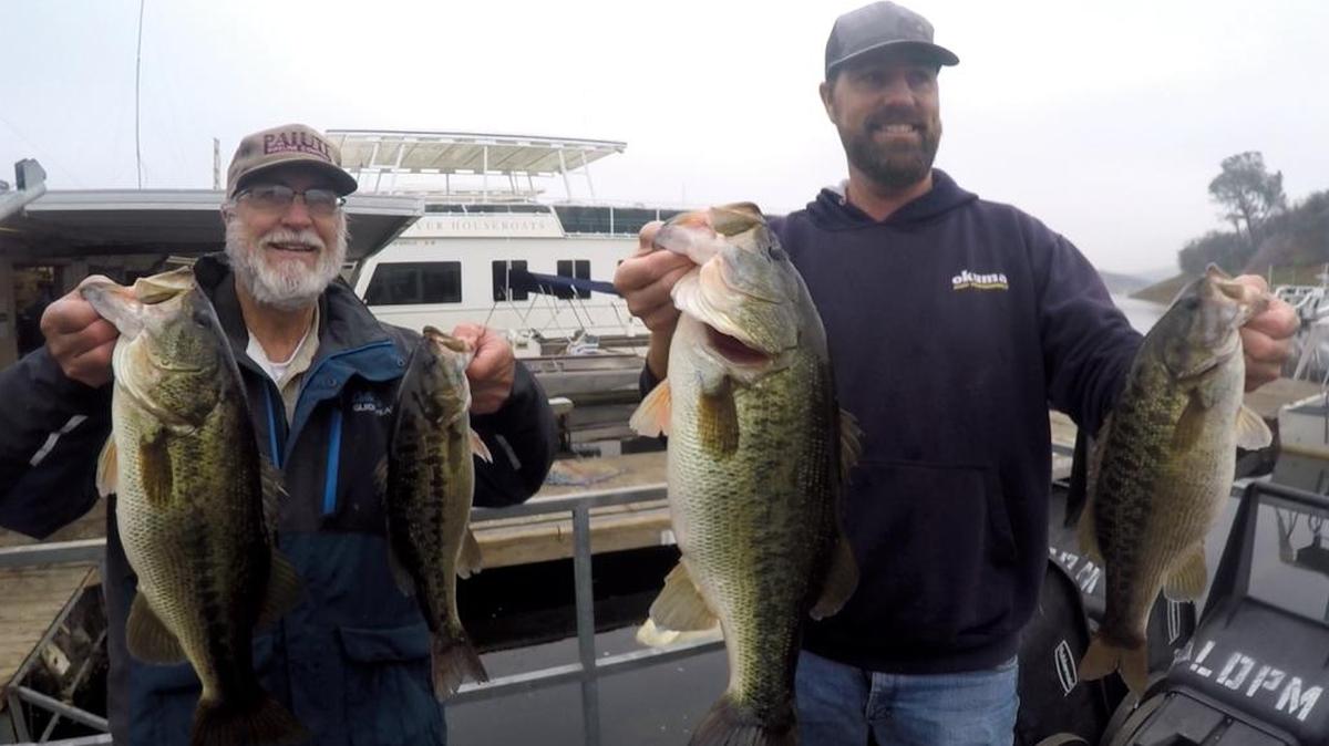 Joe O’Brien and Steve O’Brien Jr. show off their 21.08-pound catch that won the Christian Bass League tournament Jan. 13 at Lake Don Pedro.