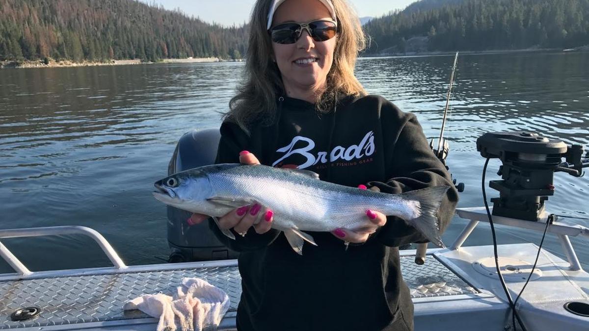 Mark Stack sent in this photo of wife Cindy on July 2, 2017, from Shaver Lake, where he said he has scored limits of kokanee on his past three trips.