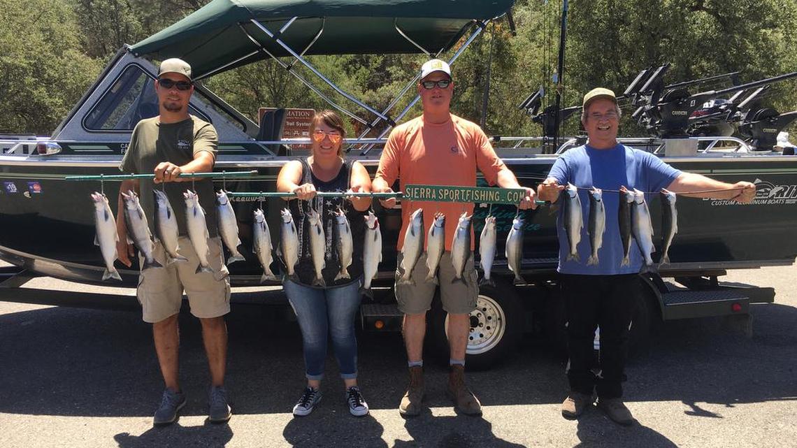 Jason Meeuwse of Sierra Sportfishing reports: “The kokanee bite at New Melones is still rolling along. We had four clients on Wednesday and had 13 fish in the box by 8:30 a.m.. We were soon surrounded by 10-15 boats and the bite shut down. After a location and lure change, the bite kicked back in and we landed the 20th fish just before noon. The fish were caught on Apexes, Uncle Larry’s spinners and some of my custom-made j-pexes” trolled behind dodgers between 55 and 65 feet deep toward the south end of the lake. From left, Chris Rowerdink, April Jones, Mike Curetor and Jeff Groen show off their catches.