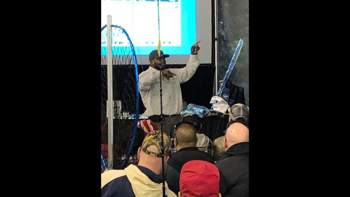Capt. Steve Mitchell of Hook’d Up Sport Fishing presents about all things sturgeon to a packed house at the Adventure Theater at the International Sportsmen’s Exposition in 2023.