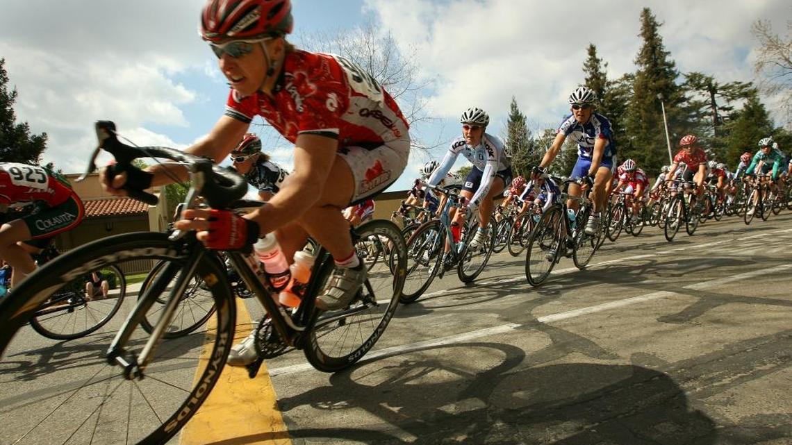Laura Van Gilder, left, takes a turn at front of the peloton during the women’s pro race in the 2008 Sequoia Cycling Classic’s Visalia Criterium. It was the last year of the Sequoia Classic before it took a six-year hiatus, returning in 2015. The Sequoia Classic is back this year as a three-race, two-day event on Memorial Day weekend.