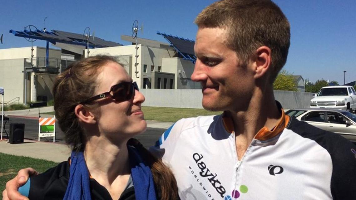 Brooke Danaher, left, shares smiles with fiancé Jove Graham after the two finished as the top female and male riders in the 40th annual Climb to Kaiser ride.
