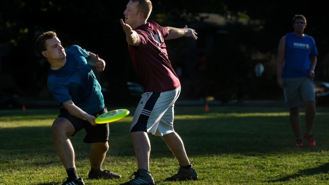 Seamus Laffey is defended by Sean Dolan during an ultimate Frisbee game, Wednesday, July 15, 2015 in Sacramento. ... The game itself has gone professional and a league includes 26 teams across the U.S. and Canada.