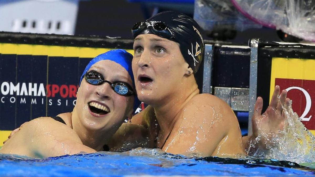 Katie Ledecky, left, reacts with Leah Smith, right, after winning the women’s 400-meter freestyle final at the U.S. Olympic swimming trials in Omaha, Neb., Monday, June 27, 2016. Smith finished in second place.