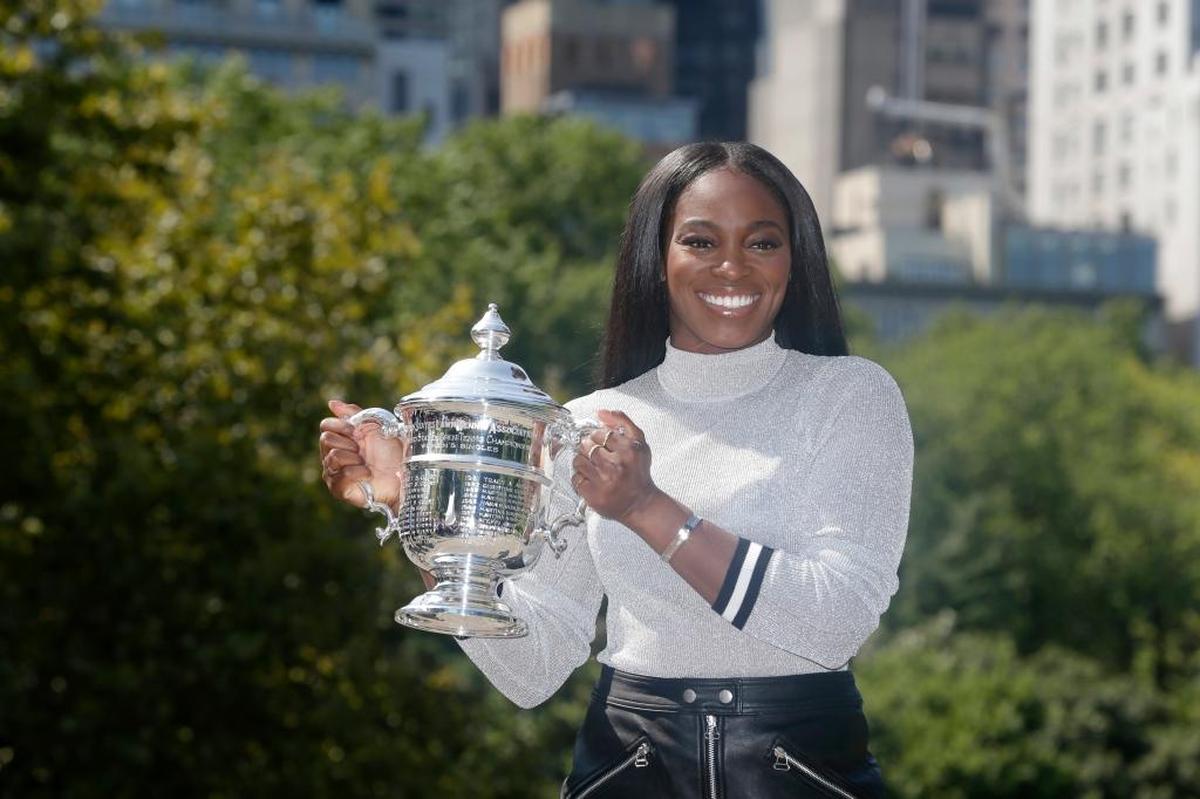2017 U.S. Open champion Sloane Stephens poses for a picture in Central Park in New York on Sunday.