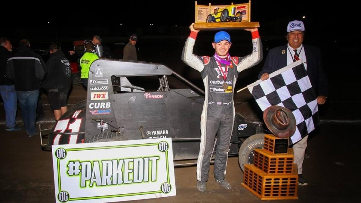 Kyle Larson celebrates in Ventura Raceway victory lane Thursday, Nov. 24, 2016 after winning the 76th Turkey Night Grand Prix.