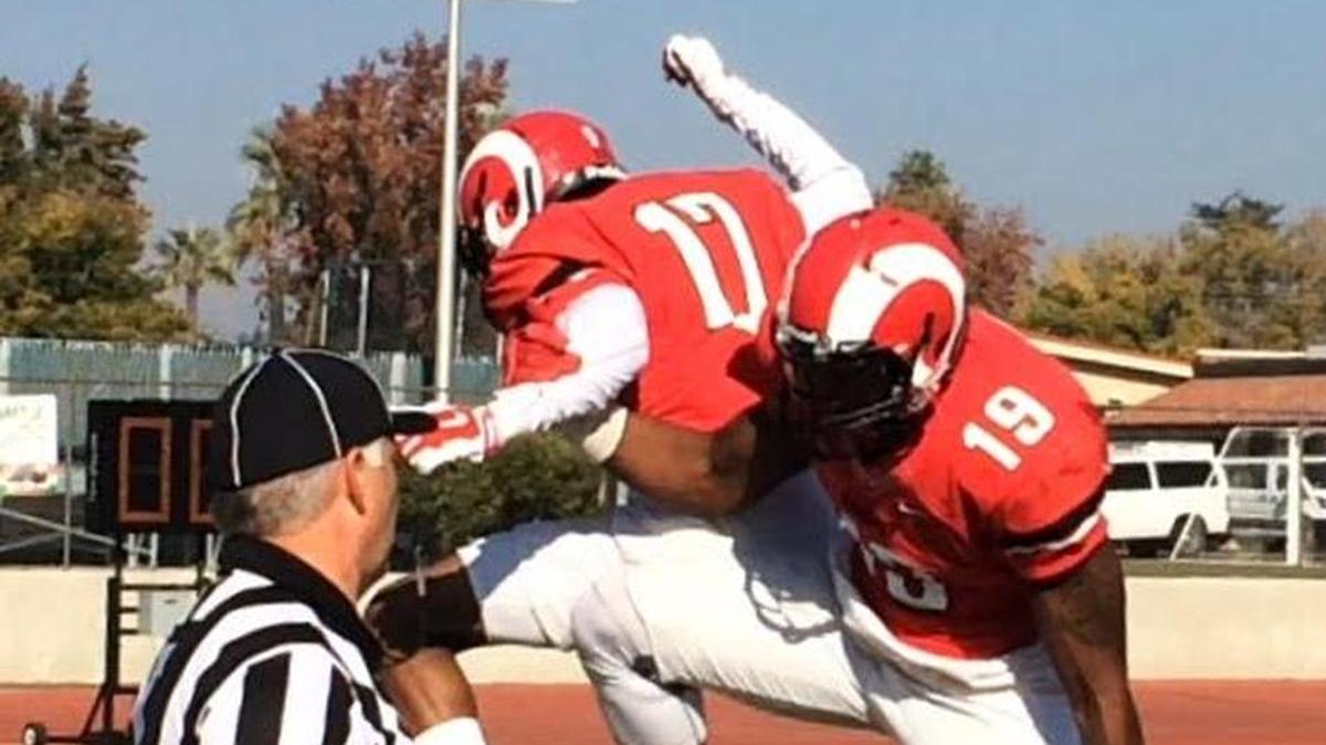 Fresno City College’s Mitch Brumfield celebrates with John Weary (19) after Brumfield’s 72-yard punt return for a first-quarter touchdown. The Rams defeated Sequoias 49-17 on Saturday in the regular-season finale, and Sunday will learn their opponent for next week’s State Center Bowl.