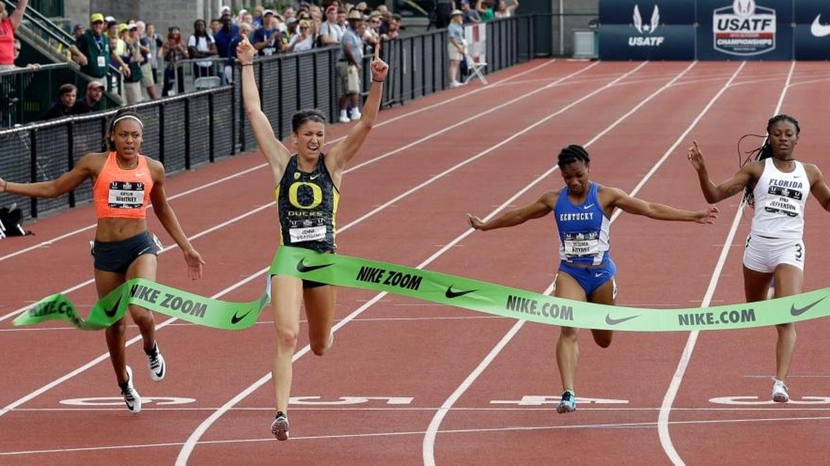 Jenna Prandini celebrates after winning the 200-meter dash at the U.S. Track and Field Championships on June 28, 2015, in Eugene, Ore. From left to right are: Kaylin Whitney, Prandini, Dezerea Bryant and Kyra Jefferson. Prandini, the former Clovis High and University of Oregon star, will return to her former college home track July 1-10 for the 2016 U.S. Trials in an attempt to qualify for the Rio Olympic Games in the 100 and 200.