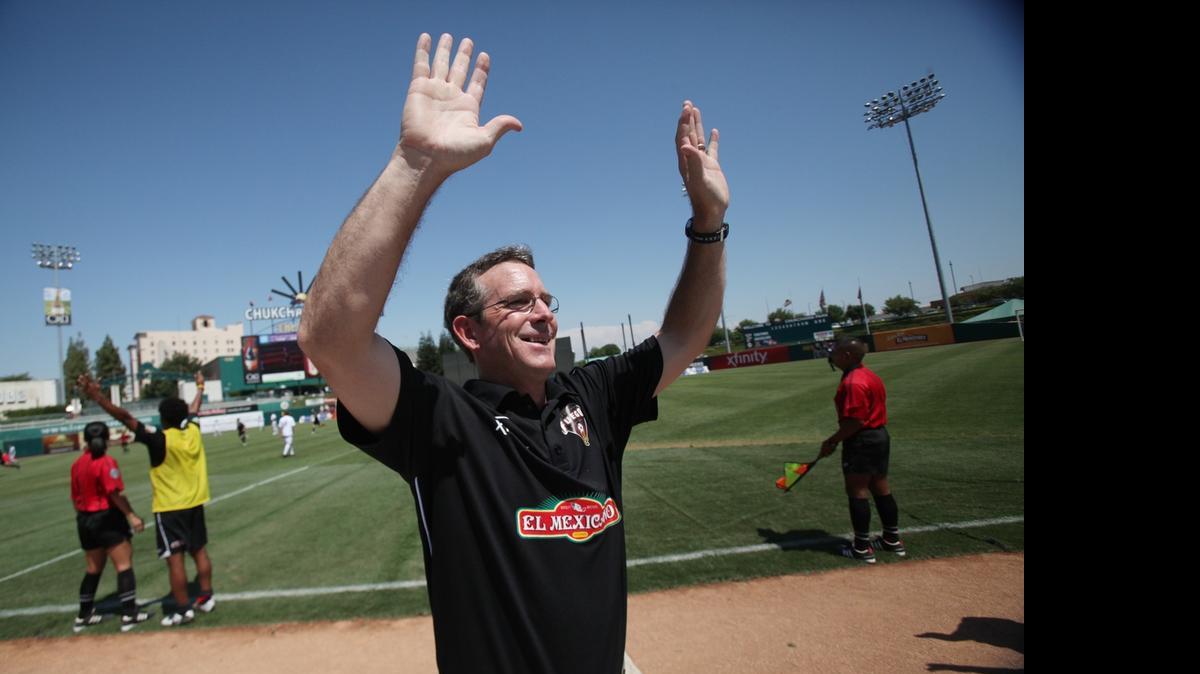 
Fresno Fuego head coach Scott Alcorn, pictured celebrating the team’s 3-1 win over Canada's Victoria Highlanders in the 2011 PDL Western Conference Semifinals, announced he will step down at the end of the season. Alcorn, 49, has led the Fuego to a 76-36-24 record in nine seasons.
