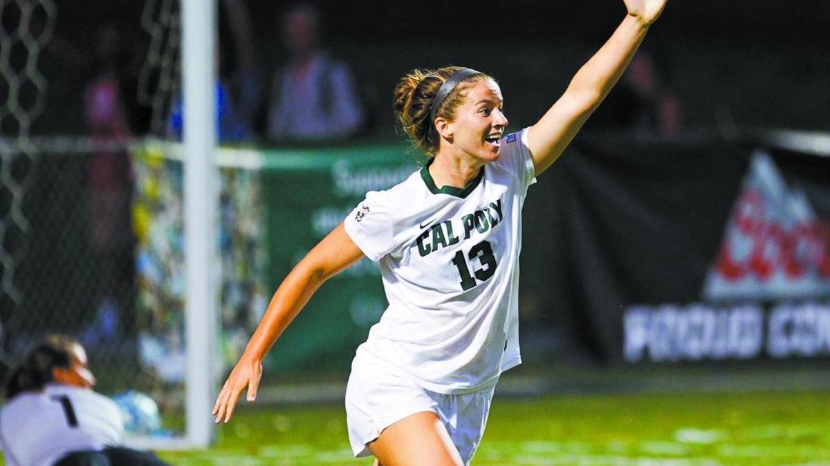 Former Buchanan High/Cal Poly star forward Elise Krieghoff, seen here celebrating a goal against Brigham Young, has signed a professional contract with the Boston Breakers of the National Women’s Soccer League.
