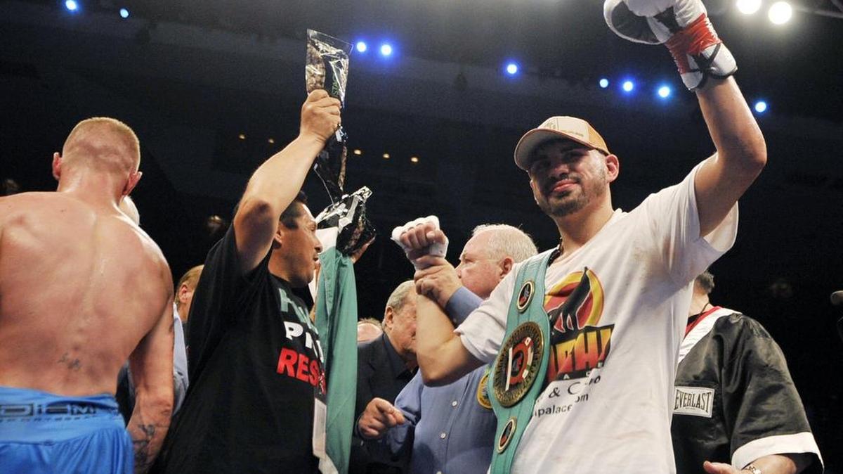 
Jose Ramirez celebrates his victory against Rob Frankel in the main event at “Fight for Water 4” on May 9, 2015, at Selland Arena in Fresno. Ramirez — now 15-0 with 12 victories by knockout — will next fight Sept. 26 at Tachi Palace Hotel & Casino.

